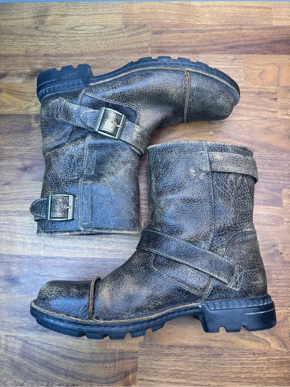 UGG Australia ROCKVILLE II Distressed Brown Wool Lined Biker Boots Men's US 8